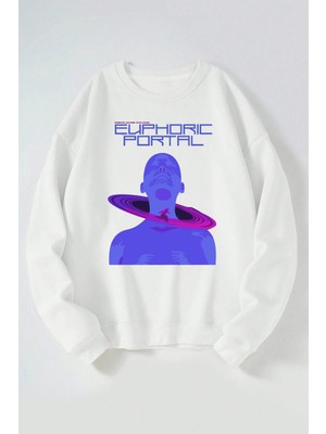 The Wert Euphorıc Portal Baskılı Kadın/erkek Beyaz Bisiklet Yaka Pamuklu Sweatshirt