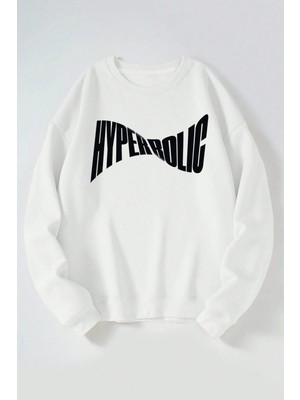 The Wert Hyperbolıc Baskılı Kadın/erkek Beyaz Bisiklet Yaka Pamuklu Sweatshirt