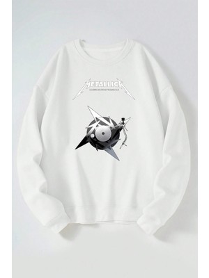 The Wert Metallıca Turntable Baskılı Kadın/erkek Beyaz Bisiklet Yaka Pamuklu Sweatshirt