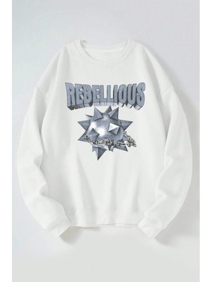 The Wert Rebellıous Baskılı Kadın/erkek Beyaz Bisiklet Yaka Pamuklu Sweatshirt
