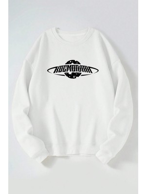 The Wert Kocmonstar Baskılı Kadın/erkek Beyaz Bisiklet Yaka Pamuklu Sweatshirt