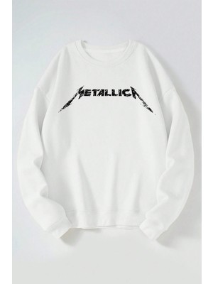 The Wert Metallıca Yazı Baskılı Kadın/erkek Beyaz Bisiklet Yaka Pamuklu Sweatshirt