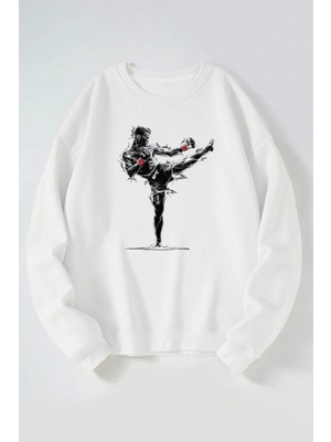 The Wert Ufc Tekme Baskılı Kadın/erkek Beyaz Bisiklet Yaka Pamuklu Sweatshirt