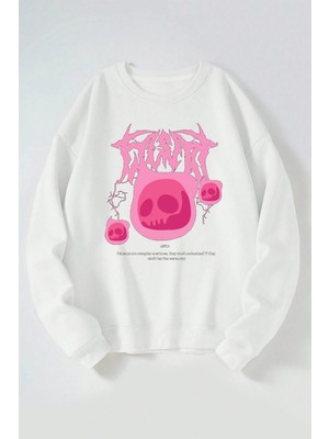 The Wert ART10 Baskılı Kadın/erkek Beyaz Bisiklet Yaka Pamuklu Sweatshirt