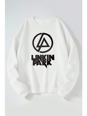 The Wert Lınkın Park Logo Baskılı Kadın/erkek Beyaz Bisiklet Yaka Pamuklu Sweatshirt