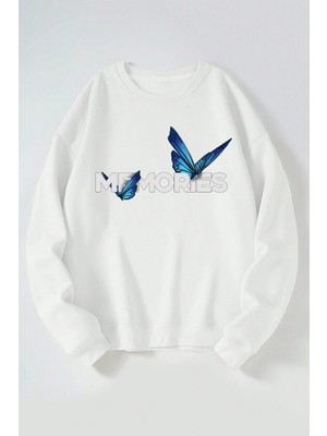 The Wert Memorıes Baskılı Kadın/erkek Beyaz Bisiklet Yaka Pamuklu Sweatshirt