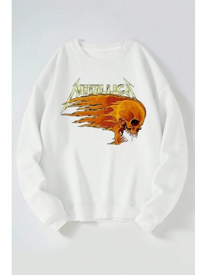 The Wert Metallıca Alev Skull Baskılı Kadın/erkek Beyaz Bisiklet Yaka Pamuklu Sweatshirt