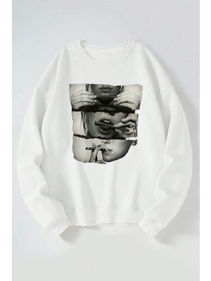 The Wert Pıro Içen Kadın Baskılı Kadın/erkek Beyaz Bisiklet Yaka Pamuklu Sweatshirt