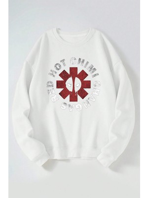 The Wert Red Hot Chımı Changas Baskılı Kadın/erkek Beyaz Bisiklet Yaka Pamuklu Sweatshirt
