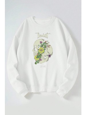 The Wert Skull And Flower Baskılı Kadın/erkek Beyaz Bisiklet Yaka Pamuklu Sweatshirt