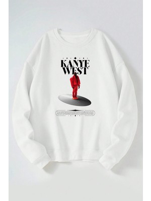 The Wert Kanye West Baskılı Kadın/erkek Beyaz Bisiklet Yaka Pamuklu Sweatshirt