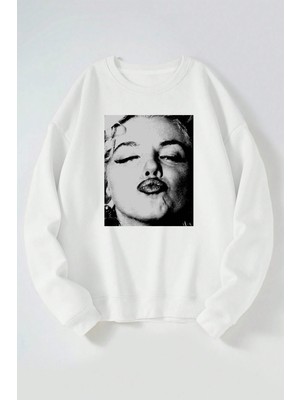 The Wert Marilyn Monroe Kiss Baskılı Kadın/erkek Beyaz Bisiklet Yaka Pamuklu Sweatshirt