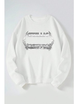 The Wert Metallıca Yansıma Baskılı Kadın/erkek Beyaz Bisiklet Yaka Pamuklu Sweatshirt