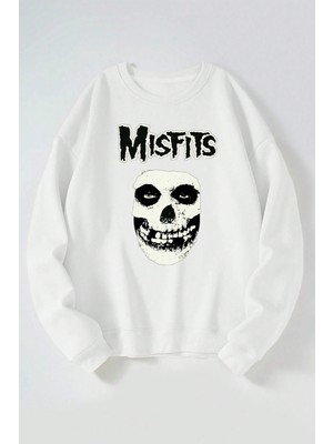 The Wert Mısfıts Baskılı Kadın/erkek Beyaz Bisiklet Yaka Pamuklu Sweatshirt