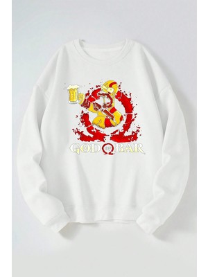 The Wert God Of Bar Baskılı Kadın/erkek Beyaz Bisiklet Yaka Pamuklu Sweatshirt
