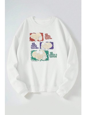 The Wert Good Bad Cool Baskılı Kadın/erkek Beyaz Bisiklet Yaka Pamuklu Sweatshirt