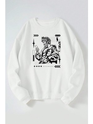 The Wert Greek God Holding Phone Baskılı Kadın/erkek Beyaz Bisiklet Yaka Pamuklu Sweatshirt