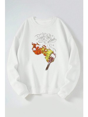 The Wert Light In The Darkness Baskılı Kadın/erkek Beyaz Bisiklet Yaka Pamuklu Sweatshirt