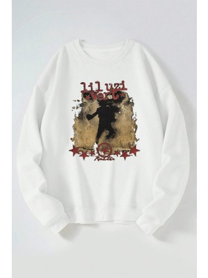 The Wert Lil Uzi Vert Baskılı Kadın/erkek Beyaz Bisiklet Yaka Pamuklu Sweatshirt