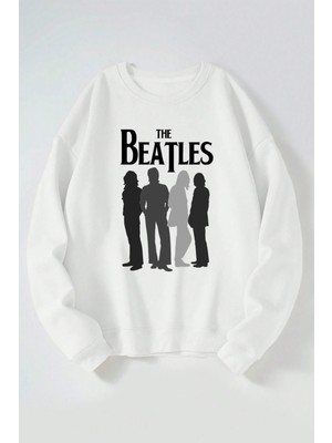 The Wert The Beatles Baskılı Kadın/erkek Beyaz Bisiklet Yaka Pamuklu Sweatshirt