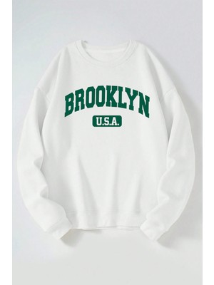 The Wert Brooklyn U.s.a Baskılı Kadın/erkek Beyaz Bisiklet Yaka Pamuklu Sweatshirt