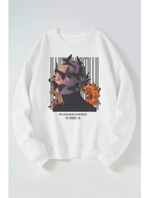 The Wert Illusion Kelebek Baskılı Kadın/erkek Beyaz Bisiklet Yaka Pamuklu Sweatshirt