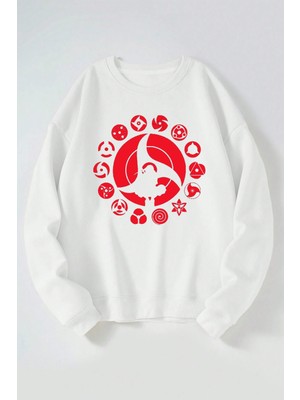 The Wert Itachi Uchiha Sharingan Baskılı Kadın/erkek Beyaz Bisiklet Yaka Pamuklu Sweatshirt