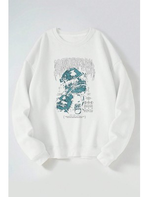 The Wert Suffer Baskılı Kadın/erkek Beyaz Bisiklet Yaka Pamuklu Sweatshirt