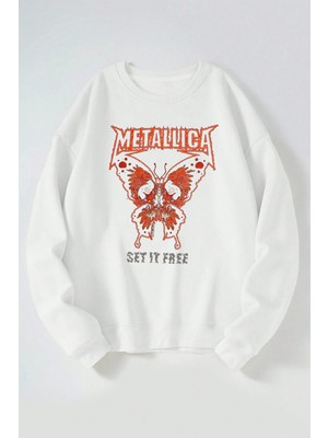The Wert Metallica Set It Free Baskılı Kadın/erkek Beyaz Bisiklet Yaka Pamuklu Sweatshirt