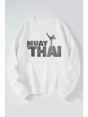 The Wert Muay Thaı Baskılı Kadın/erkek Beyaz Bisiklet Yaka Pamuklu Sweatshirt