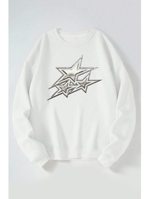 The Wert Gümüş Yıldızlar Baskılı Kadın/erkek Beyaz Bisiklet Yaka Pamuklu Sweatshirt