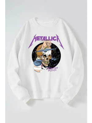 The Wert Metallıca Damaged Justıce Baskılı Kadın/erkek Beyaz Bisiklet Yaka Pamuklu Sweatshirt