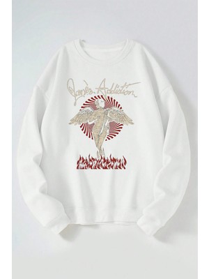 The Wert Janes Addiction Baskılı Kadın/erkek Beyaz Bisiklet Yaka Pamuklu Sweatshirt