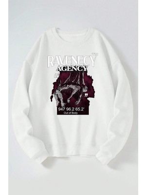 The Wert Ravenecy Agency Baskılı Kadın/erkek Beyaz Bisiklet Yaka Pamuklu Sweatshirt