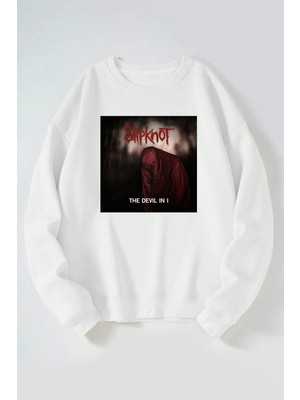 The Wert Slipknot The Devil In I Baskılı Kadın/erkek Beyaz Bisiklet Yaka Pamuklu Sweatshirt