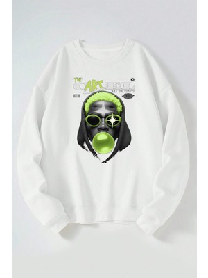 The Wert The Cartel Baskılı Kadın/erkek Beyaz Bisiklet Yaka Pamuklu Sweatshirt