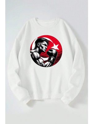 The Wert Türk Box Baskılı Kadın/erkek Beyaz Bisiklet Yaka Pamuklu Sweatshirt