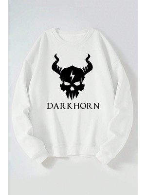The Wert Dark Horn Baskılı Kadın/erkek Beyaz Bisiklet Yaka Pamuklu Sweatshirt