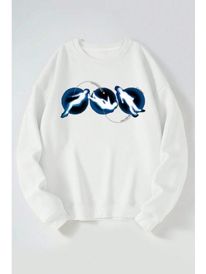 The Wert Metaverse Roamıng Baskılı Kadın/erkek Beyaz Bisiklet Yaka Pamuklu Sweatshirt