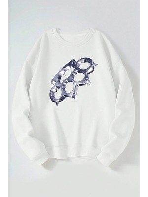 The Wert Gümüş Musta Baskılı Kadın/erkek Beyaz Bisiklet Yaka Pamuklu Sweatshirt