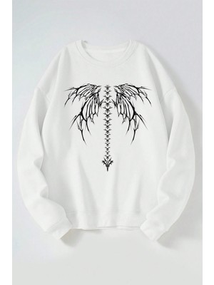 The Wert Kanat Omurga Baskılı Kadın/erkek Beyaz Bisiklet Yaka Pamuklu Sweatshirt