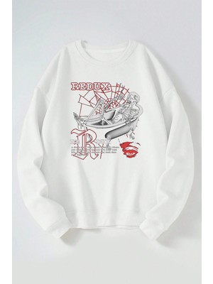 The Wert Redux Baskılı Kadın/erkek Beyaz Bisiklet Yaka Pamuklu Sweatshirt