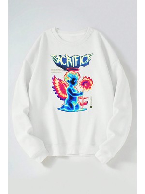 The Wert Sacrıfıce Baskılı Kadın/erkek Beyaz Bisiklet Yaka Pamuklu Sweatshirt