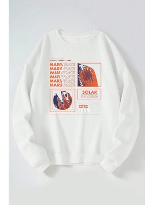 The Wert Solar System Baskılı Kadın/erkek Beyaz Bisiklet Yaka Pamuklu Sweatshirt