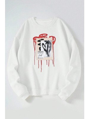 The Wert Create Imagine Baskılı Kadın/erkek Beyaz Bisiklet Yaka Pamuklu Sweatshirt