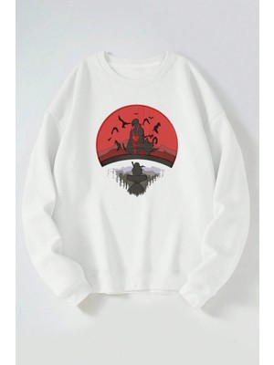 The Wert Itachi Uchiha Red Moon Embroidery Baskılı Kadın/erkek Beyaz Bisiklet Yaka Pamuklu Sweatshirt