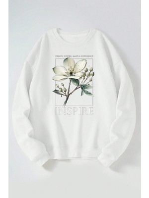 The Wert Create Inspıre Make A Dıfference Baskılı Kadın/erkek Beyaz Bisiklet Yaka Pamuklu Sweatshirt