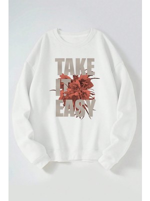 The Wert Take It Easy Baskılı Kadın/erkek Beyaz Bisiklet Yaka Pamuklu Sweatshirt