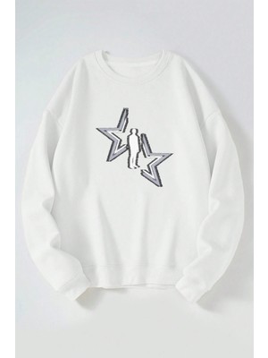 The Wert Yıldız Adam Baskılı Kadın/erkek Beyaz Bisiklet Yaka Pamuklu Sweatshirt