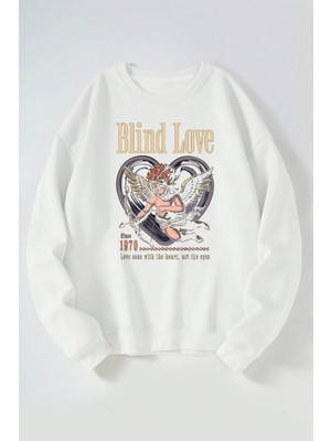 The Wert Blind Love Baskılı Kadın/erkek Beyaz Bisiklet Yaka Pamuklu Sweatshirt